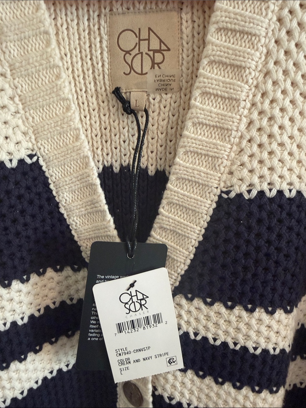 Chaser Cream and Navy Striped Knit Button Cardigan - Picture 2 of 5